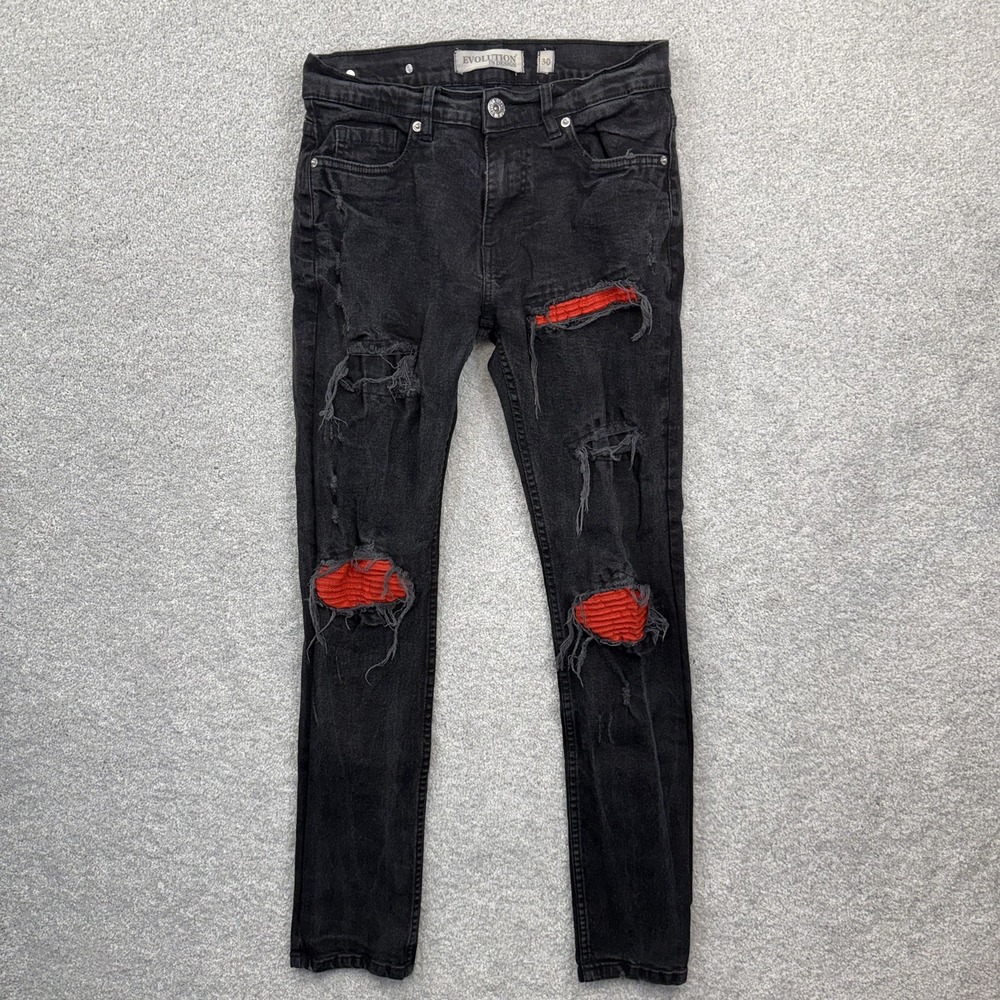Evolution In Design Mens Black Distressed Skinny Jeans 30x32 Red Ribbed Patches